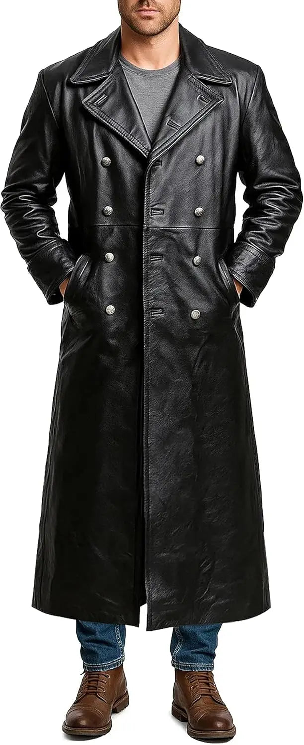 Men's Black Leather Long Trench Coat Marine Imperial Navy U-Boat Submarine Captain Brown Leather Jacket