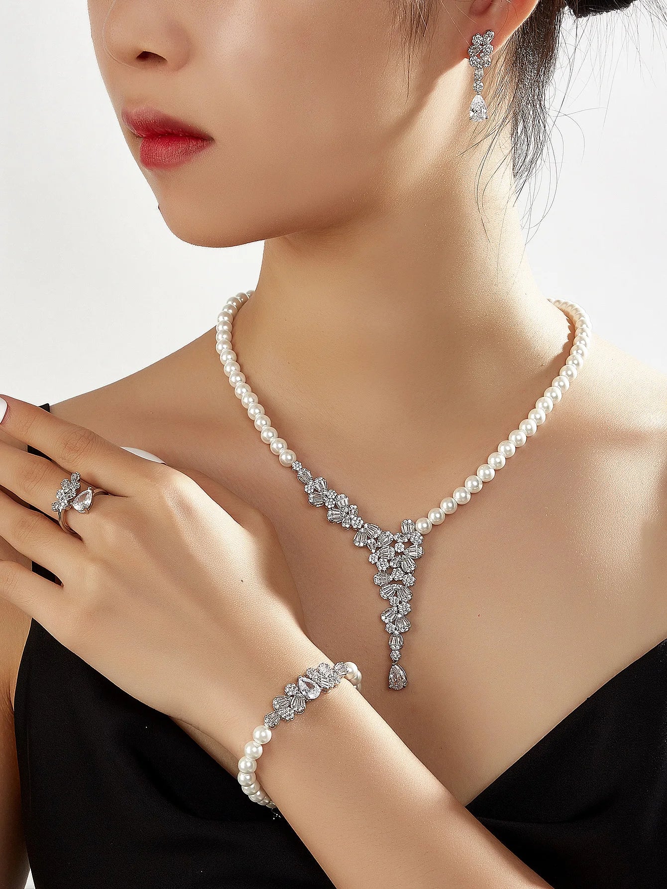 Trendy Pearl Tassel Necklace 4PCS Jewelry Set For Women Wedding Party Full Zircon Dubai Bridal Jewelry Set Gift