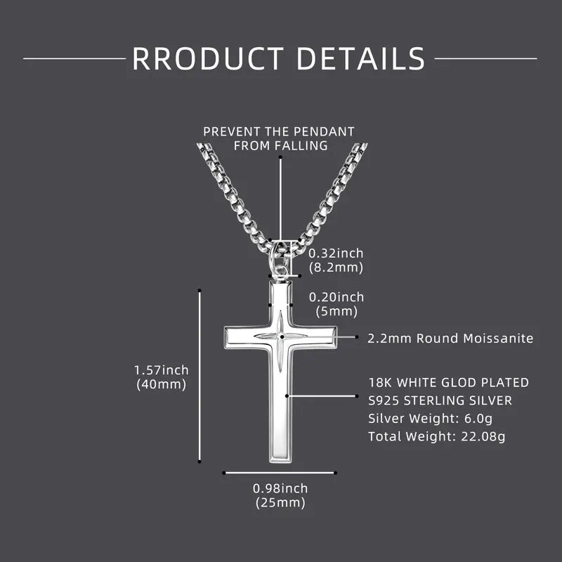 2.2mm Moissanite 925 Sterling Silver Cross Pendant Necklace Stainless Steel Rollo Chain for Men Fashion Party Daily Gift