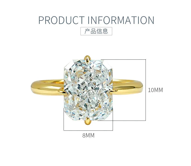 8 * 10 rectangular Redion 925 silver ring set with high carbon diamond daily diamond ring, niche and versatile for women