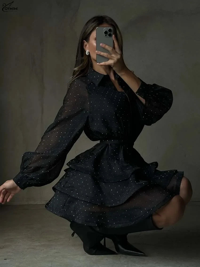 Fashion Black Rhinestone Women's Dress Casual Lapel Long Sleeve Button Dresses Elegant New Lace-Up Pleated Mini Dresses