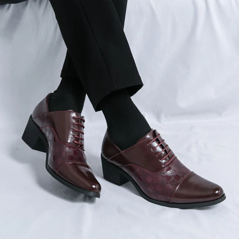 Elegant Mens Dress Shoes Retro Brown Pointed Toe Leather Shoes For Man British Style 6cm High Heeled Shoes Men zapatos de hombre