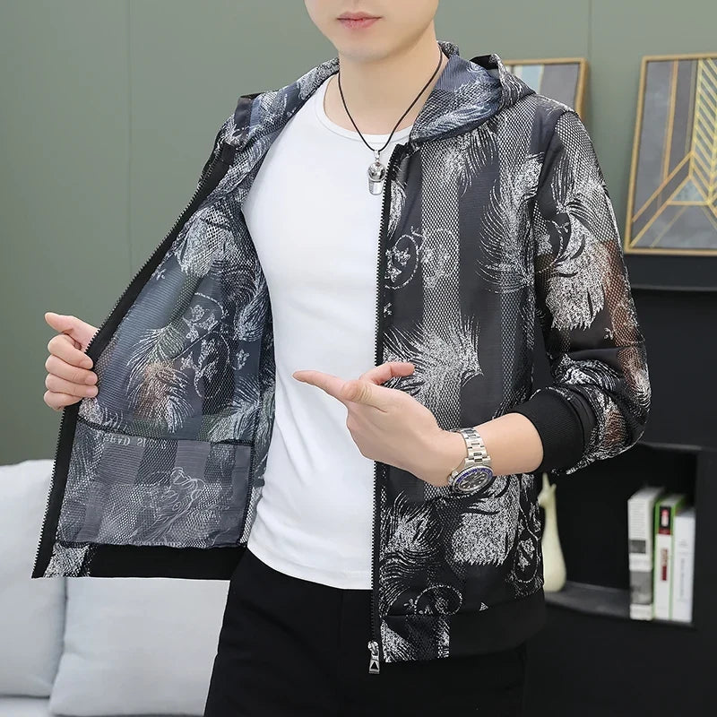 Men's Summer Mesh Sun Protection Clothing Trendy Stripe Print Ice Silk Cool Feeling Breathable Quick Dry Hooded Jacket