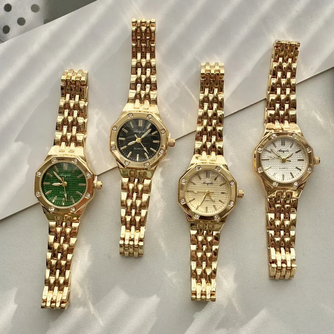 Women's Fashion Round Room Gold Steel Band Quartz Wristwatch Luxury Ladies Golden Watch for Women Clock Female Reloj