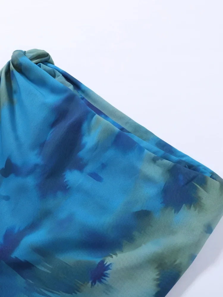 Women's Elegant Blue Watercolor Print Maxi Dress Sleeveless Cowl Neck Satin Formal Evening Gown A-line Floor Length Party Dress