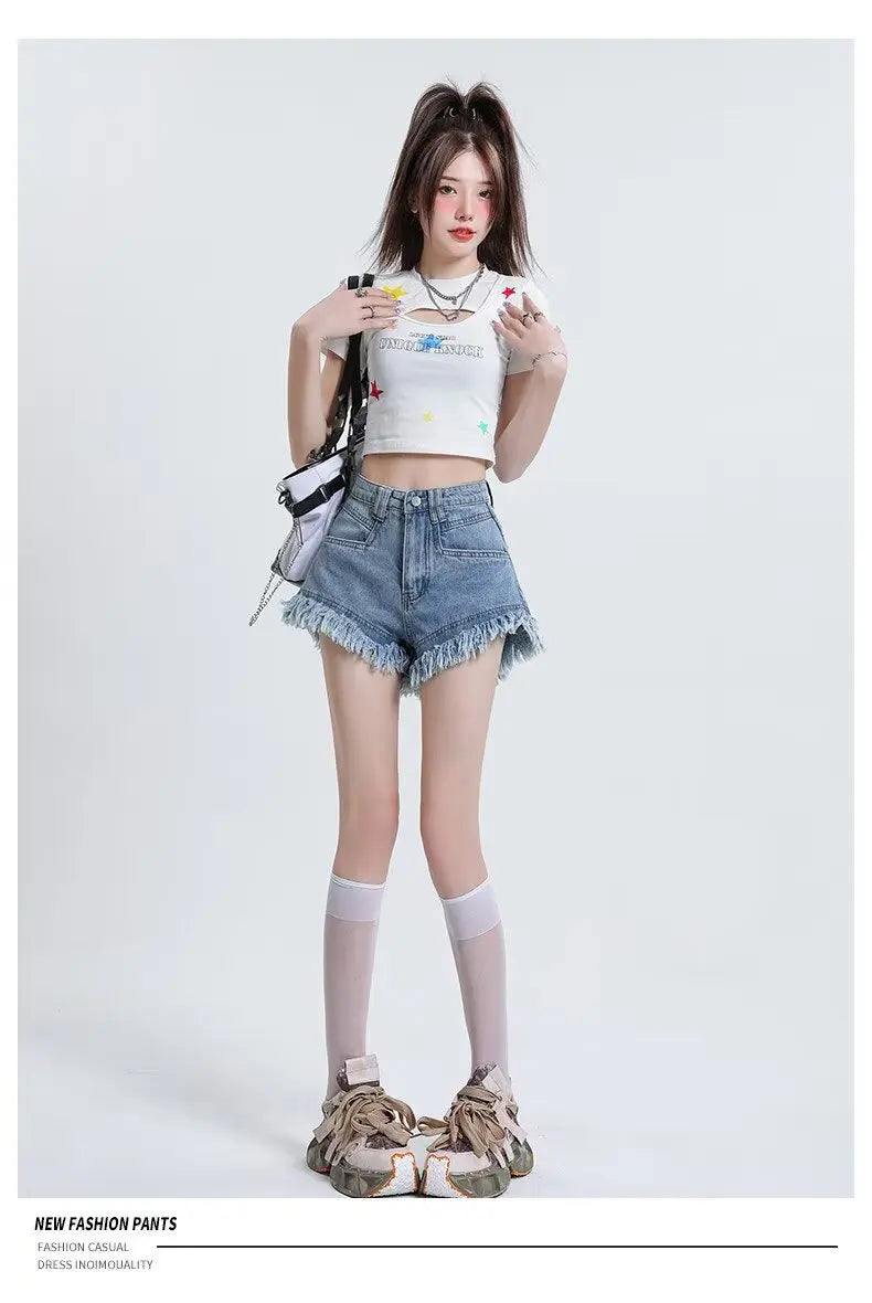 Women's Pear-shaped Friendly Denim Shorts 2026 Summer New High Waist Frayed Hem Casual Streetwear Wide Leg Hot Pants