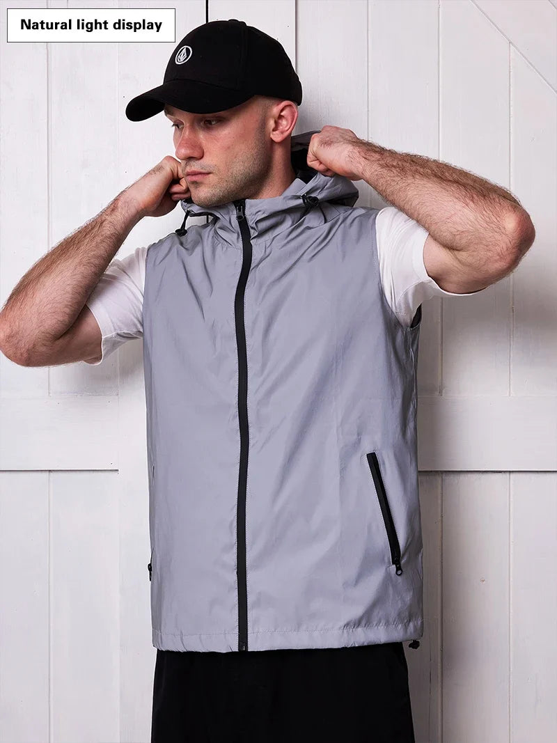 Night Reflective Vest Men's Spring Summer Thin Hooded Fashion Casual Outdoor Run Dancing Hip-hop Streetwear Glowing Clothes