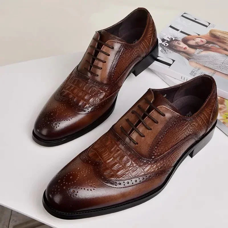 Men's Casual Crocodile Pattern Leather Shoes – Slip-On Loafers, Brown/Black, EU 40–48