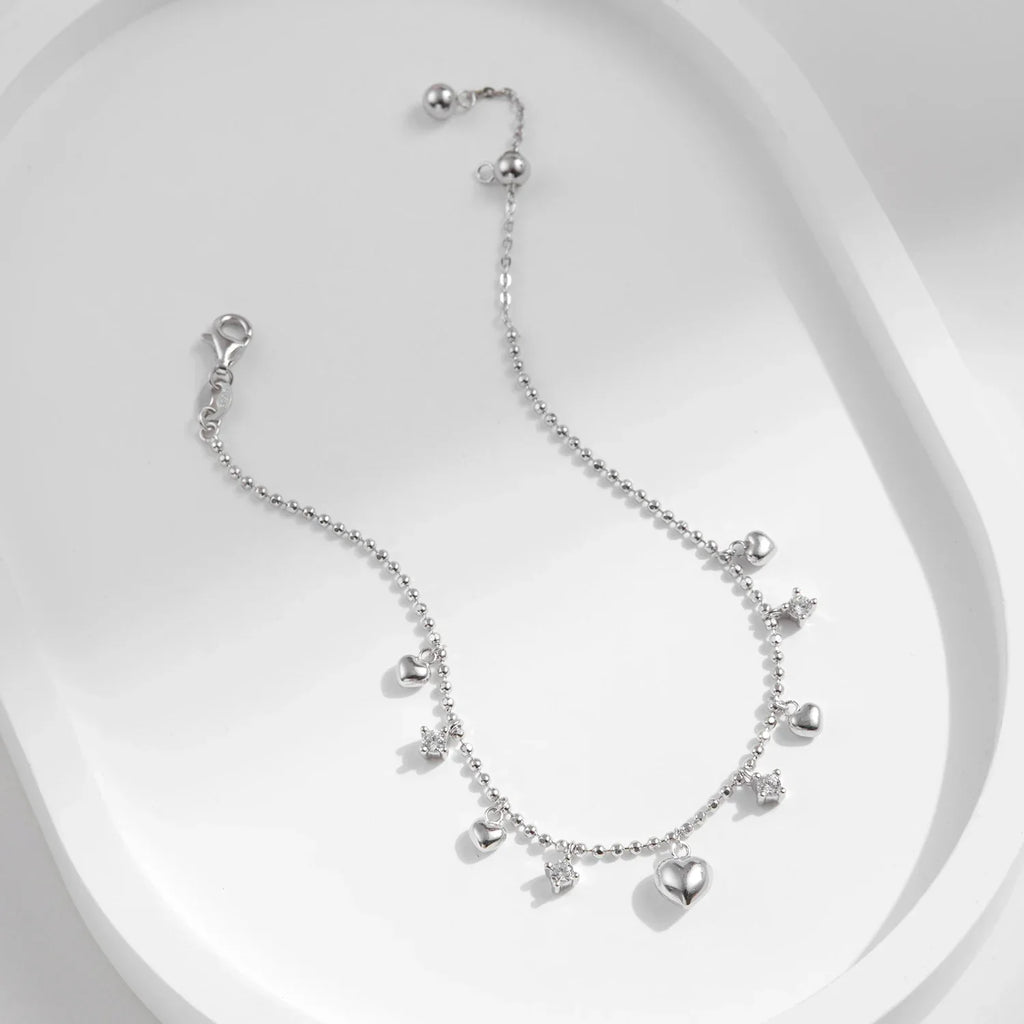 925 Sterling Silver Delicate Mirror Hearts Charm Beads Bracelet Romantic Trendy Link Chain For Women Fine Jewelry