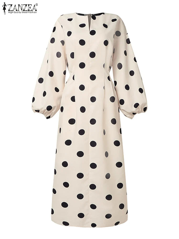 Elegant Women Dots Print Dress 2024 Summer Slim 3/4 Sleeve Vestidos Fashion V-Neck Party Midi Robe Office Pocket Dresses