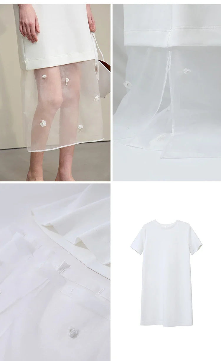 Long Dresses 2026 Autumn New Round Neck Short Sleeve Patchwork Women's Dress Removable Organza Elegant Dress Women 12651024