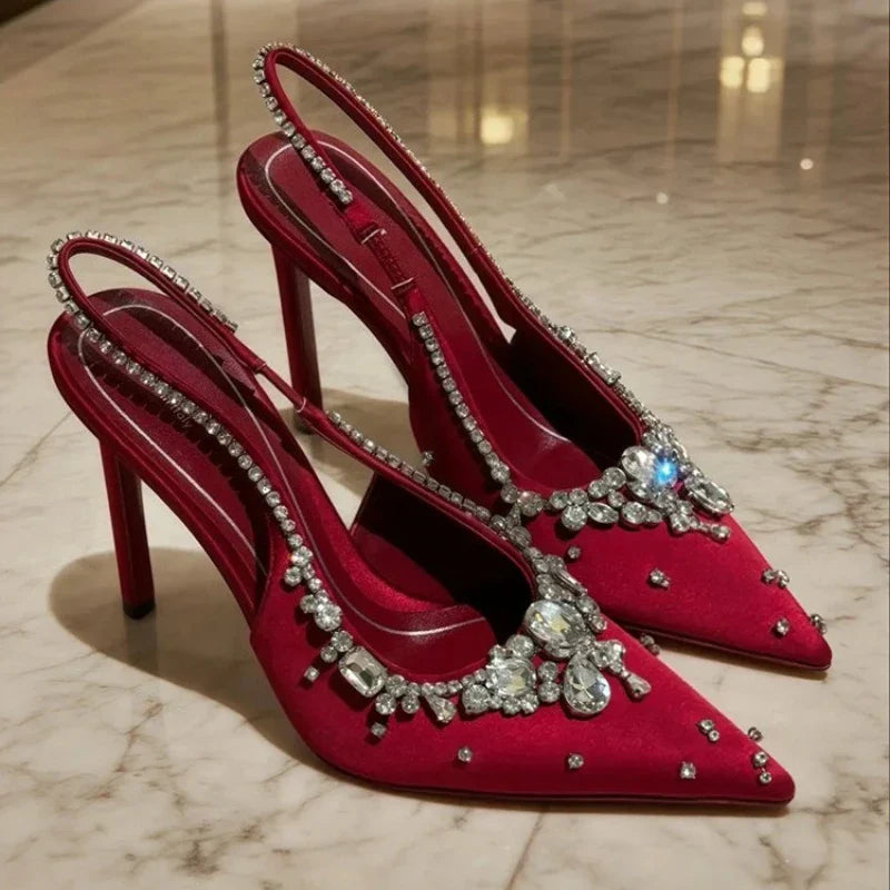 Luxury Diamonds Designer High Heels Women Satin Pointy Toe Pumps Rhinestone Sandals Female Shiny Sexy Wedding Dress Party Shoes