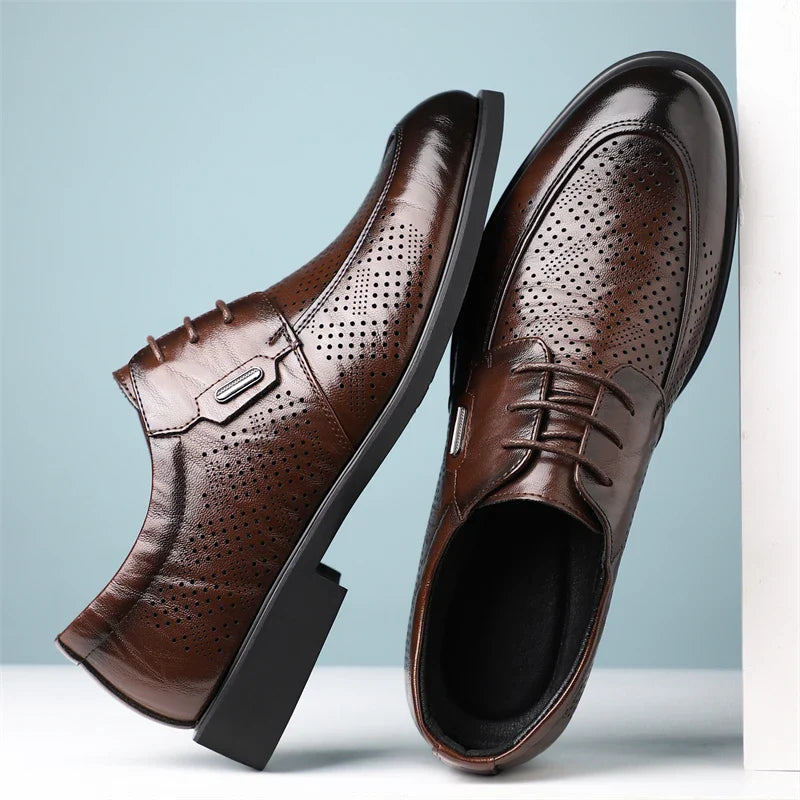 Men's Summer Breathable Leather Shoes Comfortable Soft Bottom Hollow Design Business Formal Derby Shoes British Style-SJ551-1