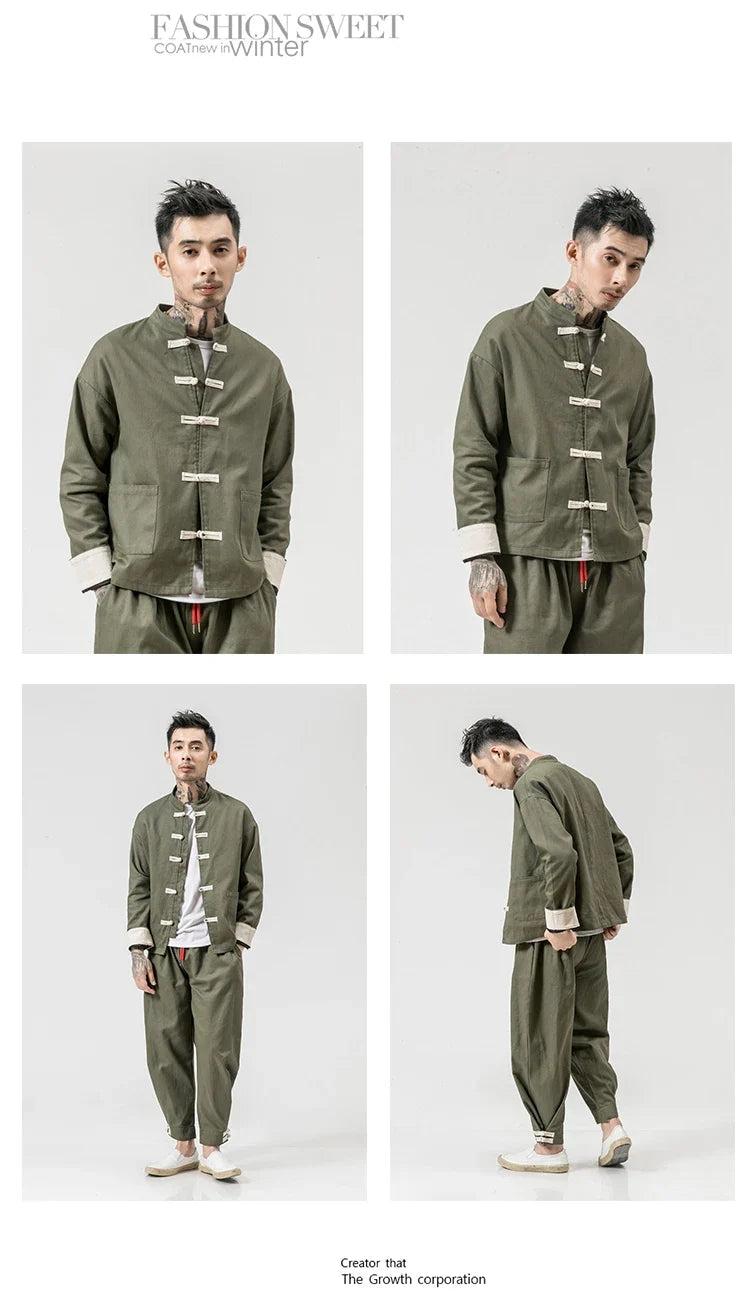 Kung Fu Coat Man Chinese Traditional Retro Autmn Long Sleeve Tang Suit Mandarin Collar Buckle Jacket Men Oriental Cotton Shirt