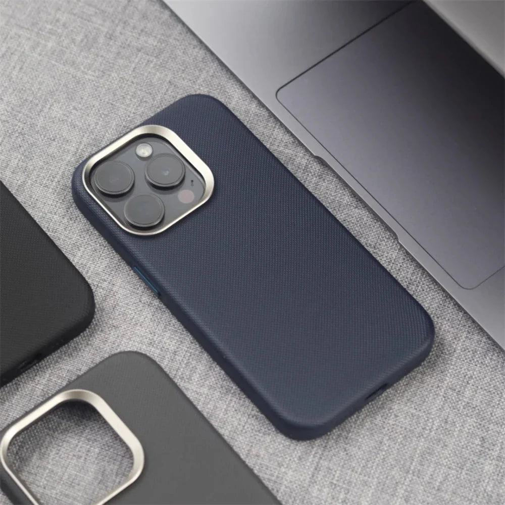 Luxury Alloy Lens Frame Particle PU Leather Magnetic Case For iPhone 17 16 Pro Max 15 14 13 For Magsafe Wireless Charging Cover
