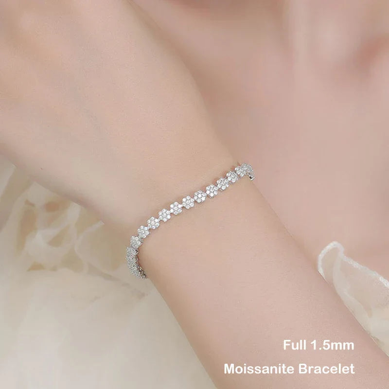 Flower Full 1.5mm D Color Moissanite Diamond Tennis Bracelet for Women 925 Silver GRA Certified Bridal Wedding Bangle Gift