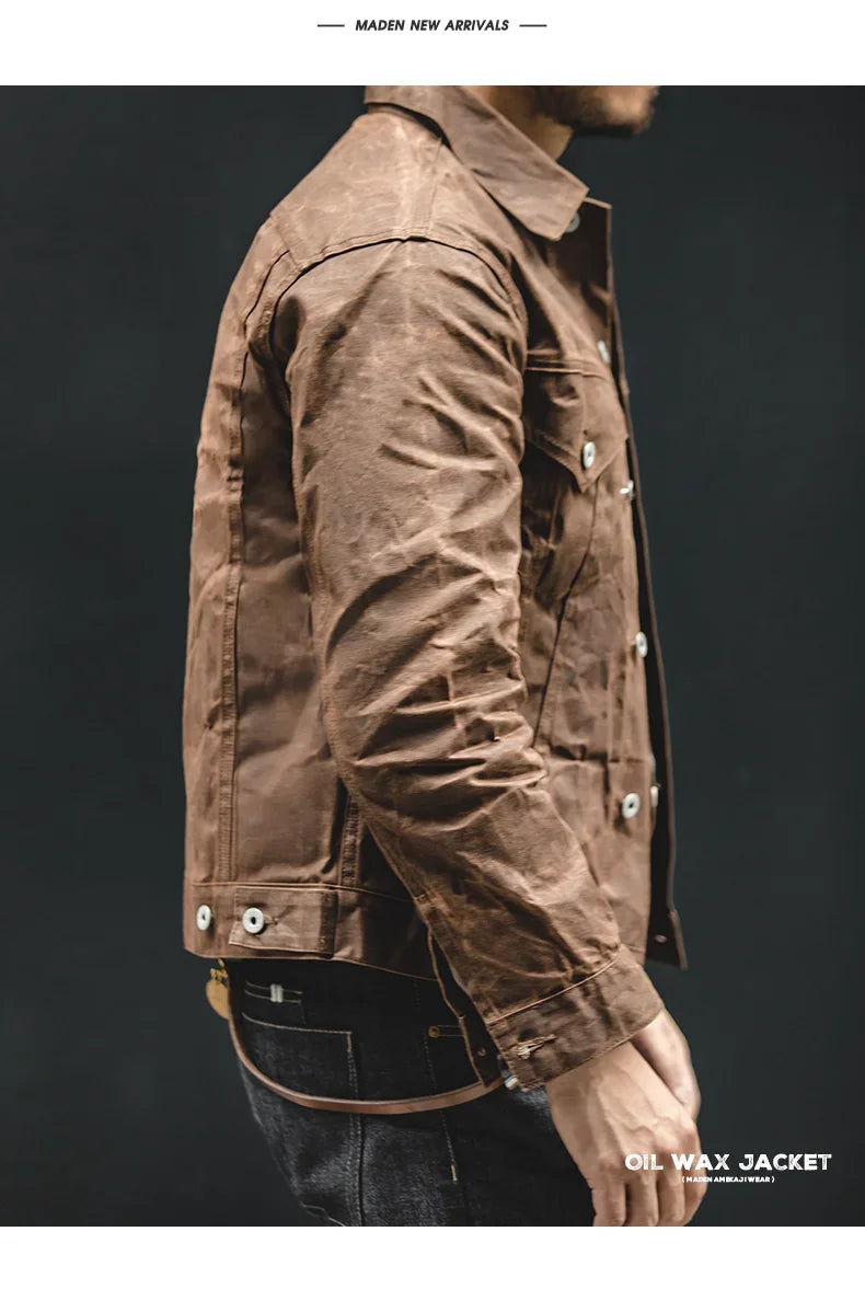 Amekaji Retro Male Oil Waxed Jacket Canvas Cotton Khaki Military Uniform Light Casual Work Safari Style Coats Man Clothing