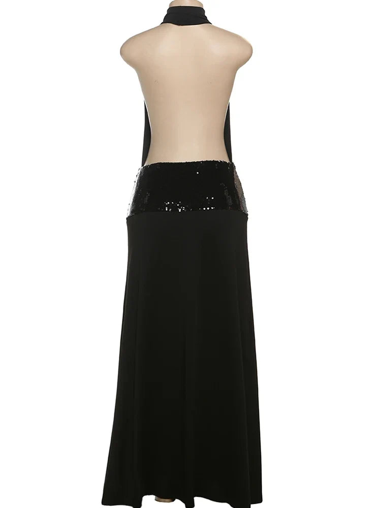 Backless Fashion Dresses Elegant Halter Patchwork Draped Maxi Bodycon Female Solid Simple Evening Party Frock New