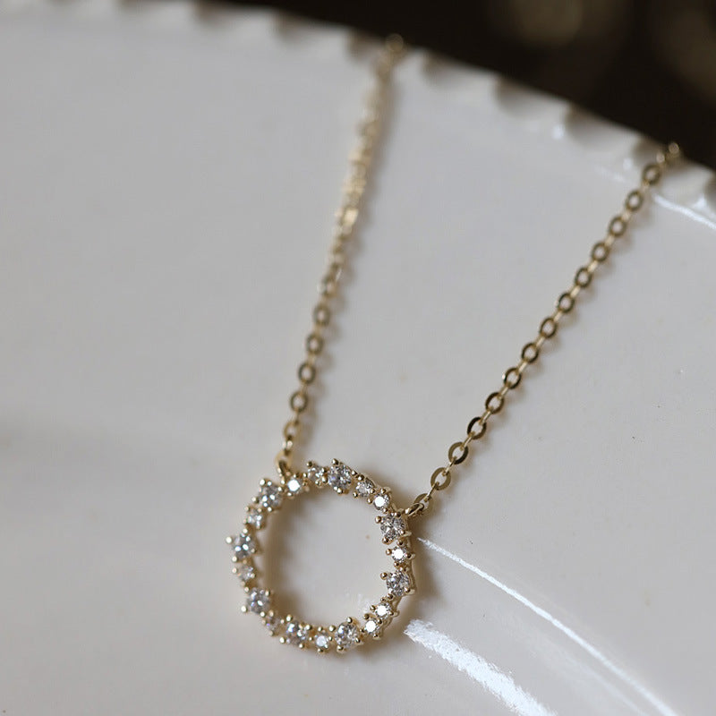 -100% S925 Sterling Silver Plated 18K Gold Necklace with Full Diamond Circle Style Japanese and Korean K Gold Collar Chain