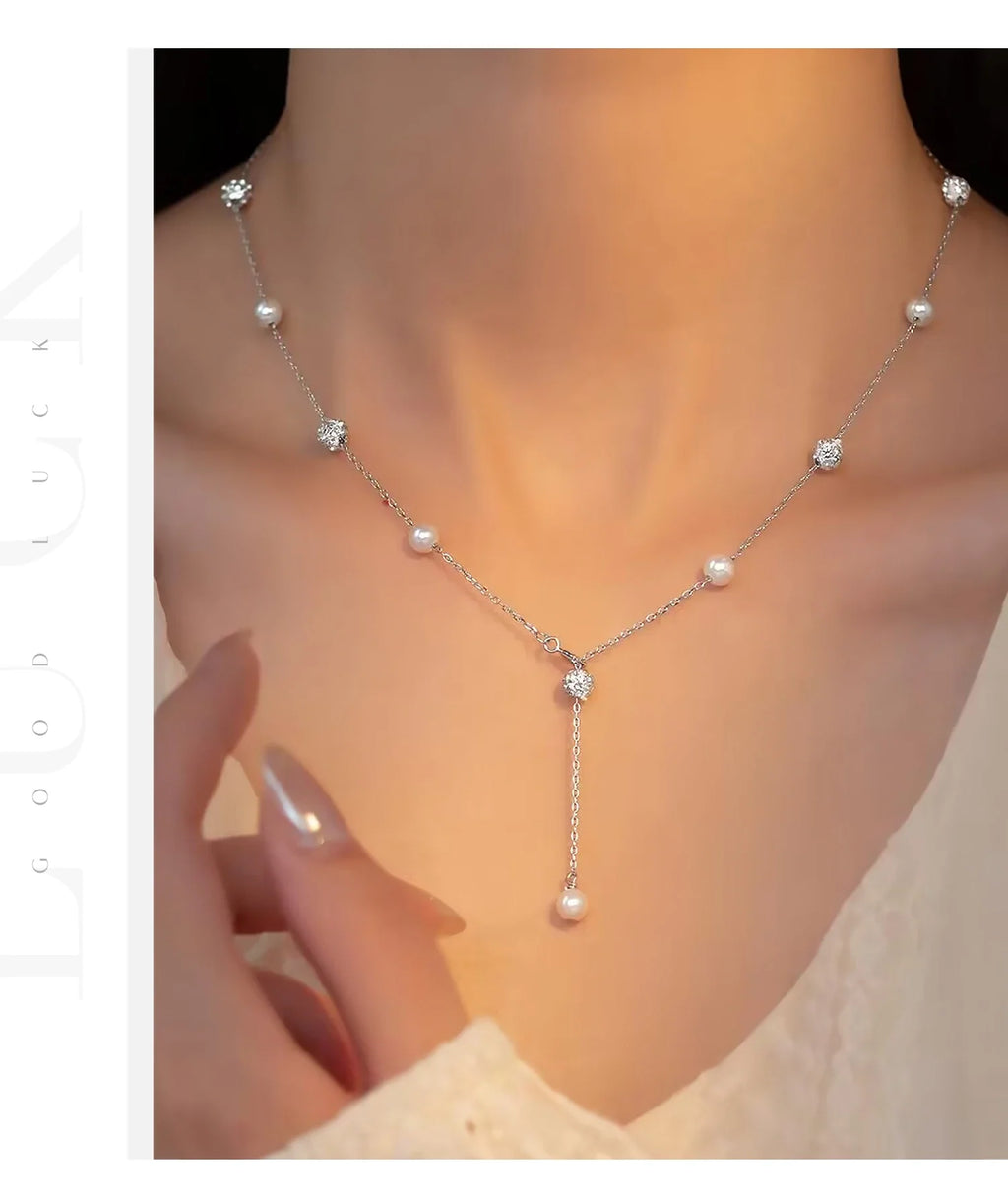 925 Sterling Silver Zircon Beads &Pearl Chain Necklaces Pendant For Women Fine Jewelry  Valentine’s Day Gifts