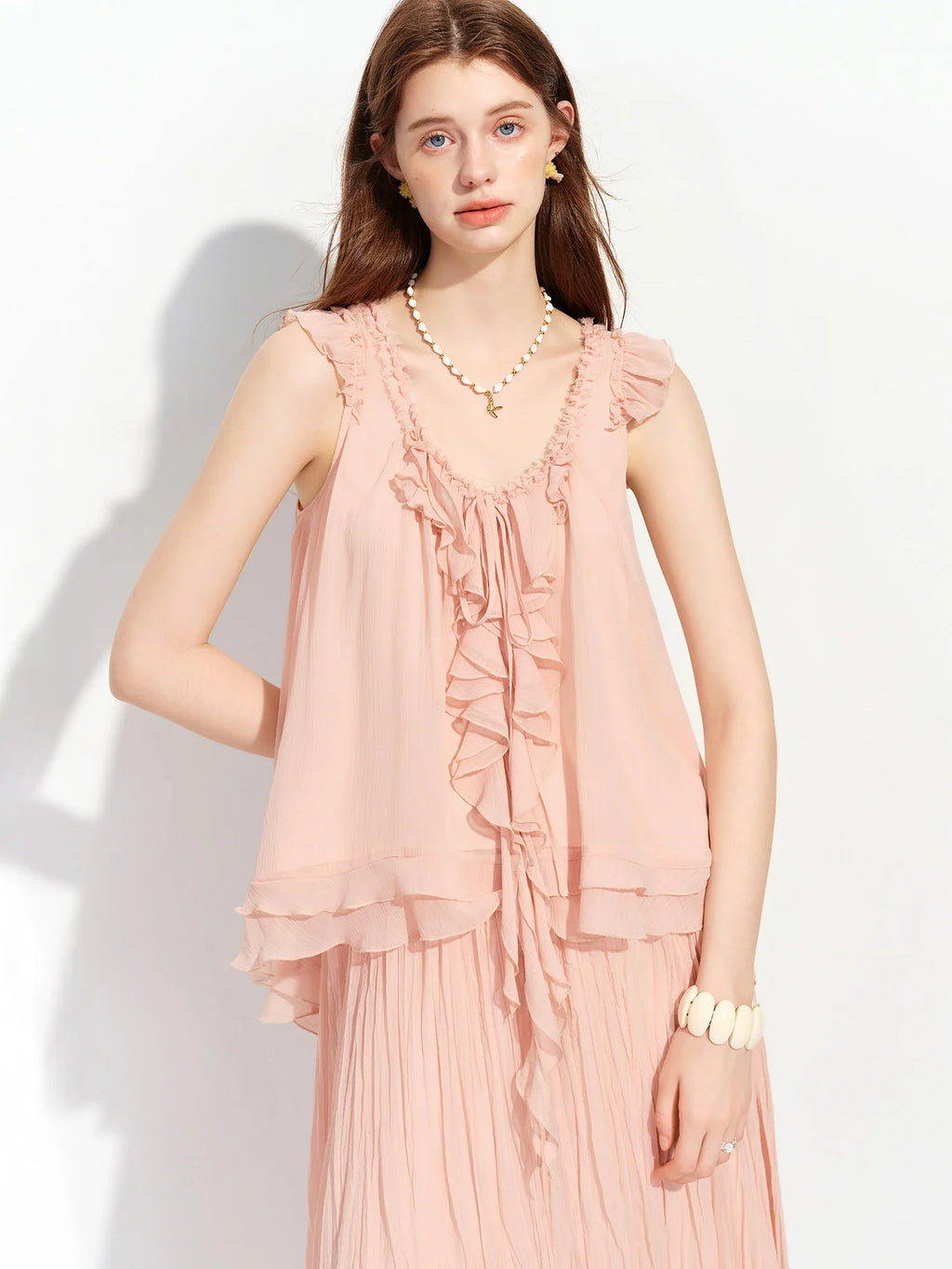 2026 Summer Women's French-Inspired Romantic V-Neck Self-Tie Blouse Ruffle Trim & Matching Separate for Daily