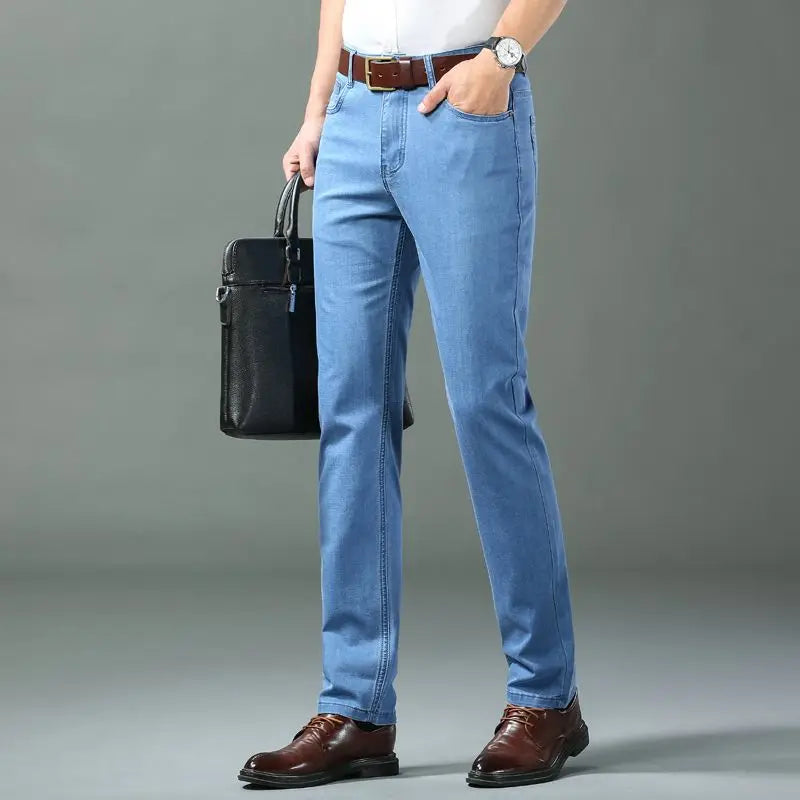 Brother Wang Classic Style Men Brand Jeans Business Casual Stretch Slim Denim Pants Light Blue Black Trousers Male