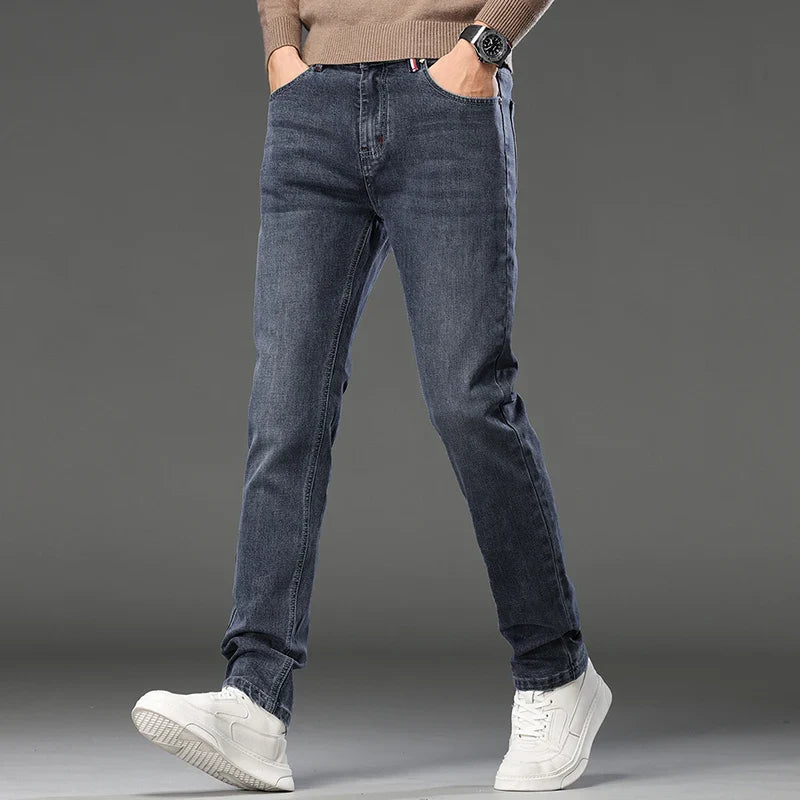 Men's Slim Fit Straight Leg Jeans European Style Versatile Business Casual Stretchy Long Pants