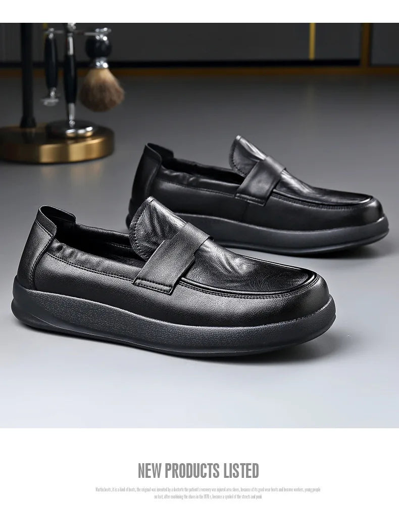 Spring Summer New Genuine Leather Shoes Men Solid Color Fashion Loafers Male Soft Sole Anti-slip Height-increasing Loafers Man