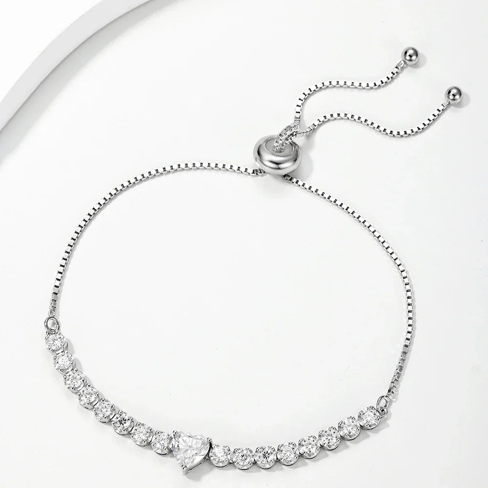 2.5mm Full Moissanite Tennis Riviera Bracelet With 6mm Heart Cut Diamond Adjustable Wrist Chain S925 Silver for Women Jewelry