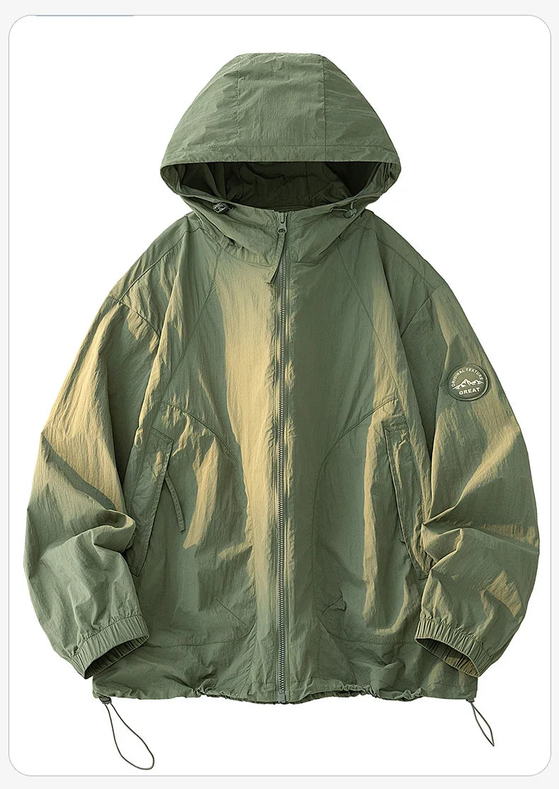 UPF50+ Men's Hooded Sunscreen Jacket Summer Ultra Thin Zipper Pocket Windbreaker Elastic Cuffs Outdoor Hiking Fishing Skin Coats