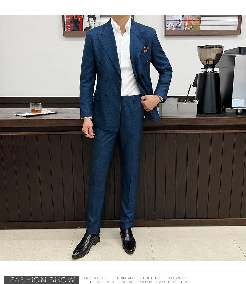 Men Vintage Luxury Double Breasted Slim Fit Lapel Evening Gown ltalian Style Fashion High-end Groom Wedding Party Tuxedo 2 Piece