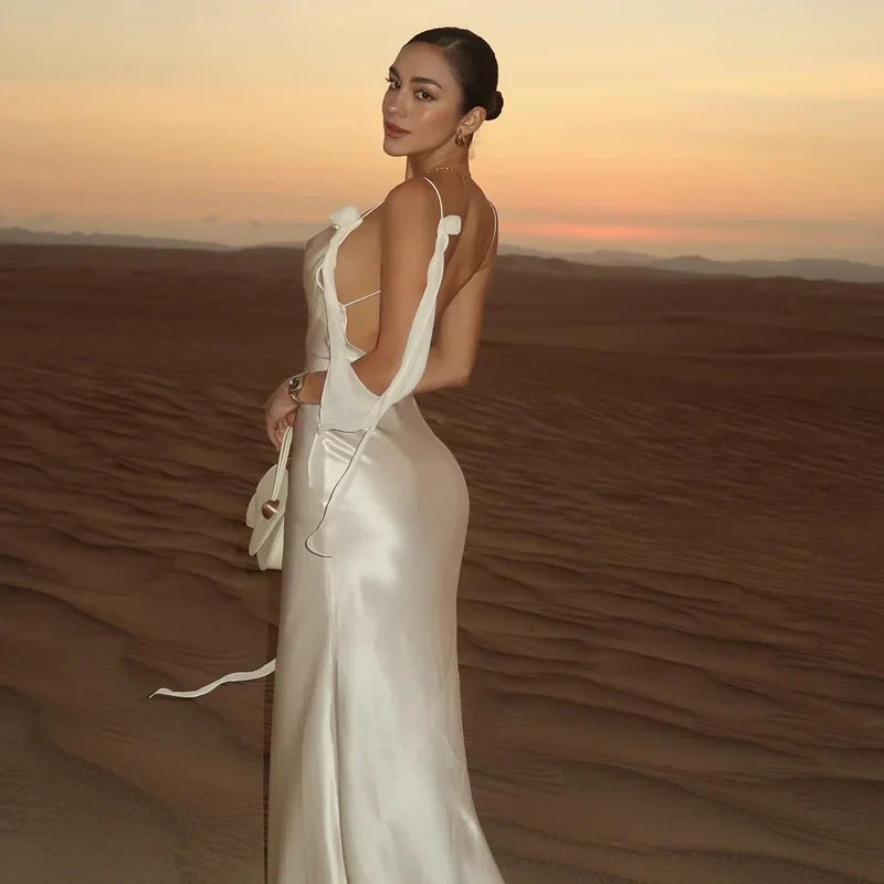 Elegant 3d Flowers Backless Dress Women Bodycon Swing Collar Sleeveless White Sling Maxi Robe 2025 Summer Lady Evevning Vestidos