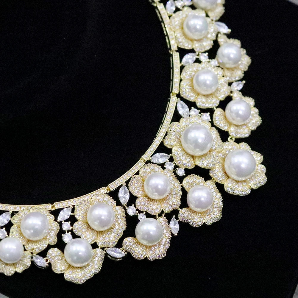 High Quality Zircon Pearls Jewelry sets Luxury Designer Flower Necklace Women Sparkling Dubai Bridal Party Costume Accessories