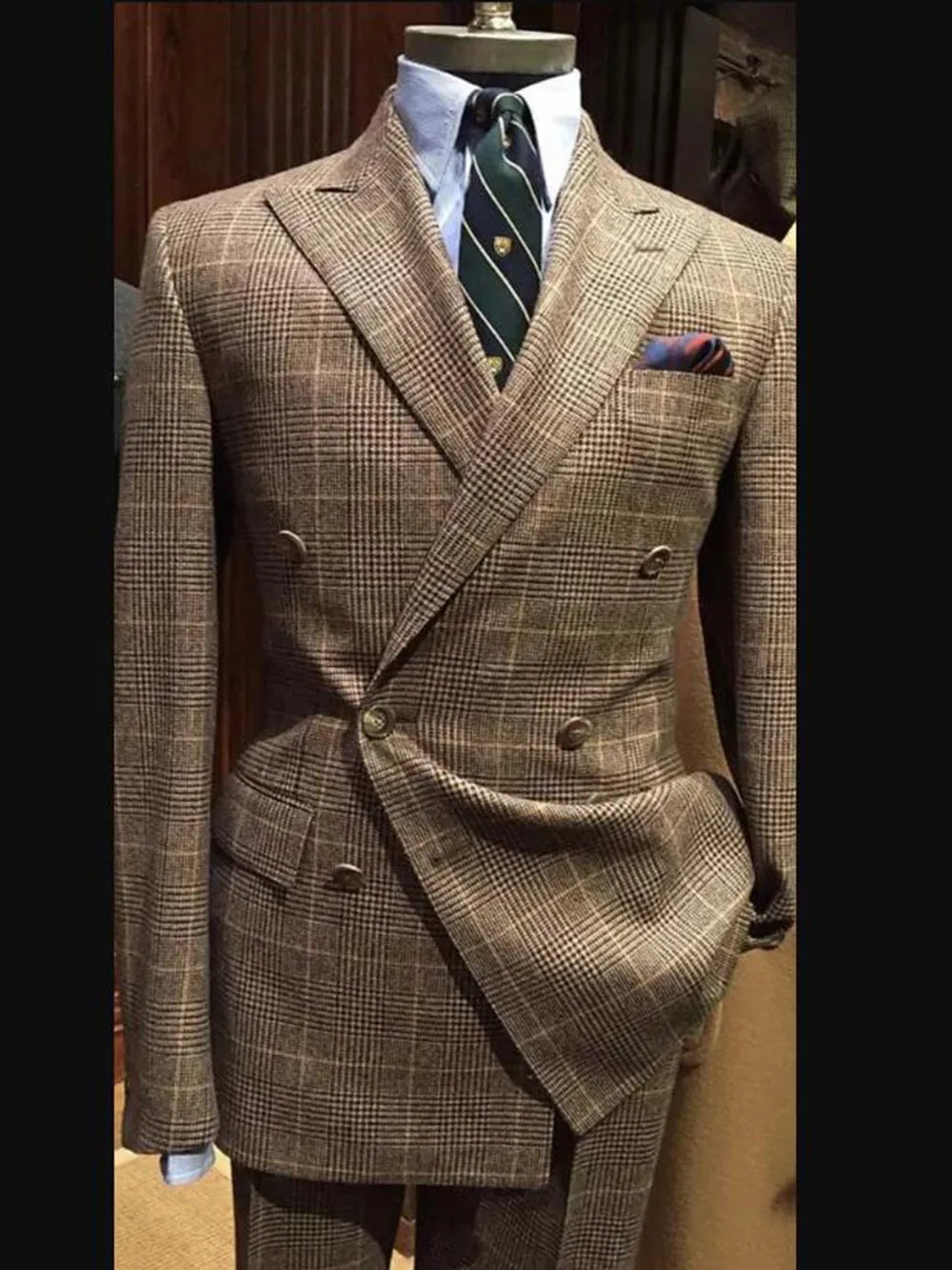 Houndstooth Men Suits 2 Pieces Sets Double Breasted Wide Peak Lapel Jacket Coat Business Blazers Customized Groom Wedding Tuxedo