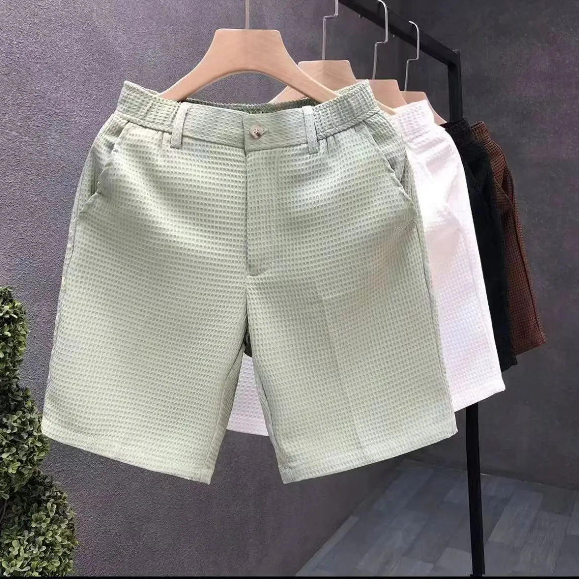 Men's Shorts Plaid Texture Solid Straight-leg Business Social Elastic Waist Button Short Pants Loose Knee Length Casual Short