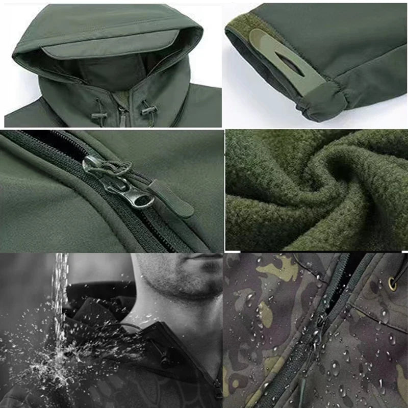 Mens Winter Autumn Warm Cargo Fleece Jackets Sharkskin Military Hood Windproof Outdoor Coats Hiking Camping Climbing Tactical