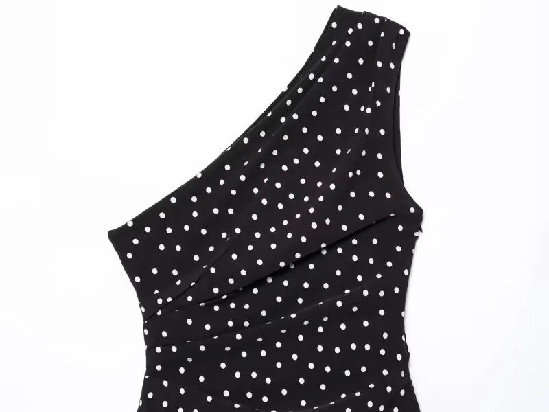Women One Shoulder Sleeveless Polka Dot Mini Dress Ruched Waist Ruffle Hem Elegant Casual Party Short Dress Spring Summer