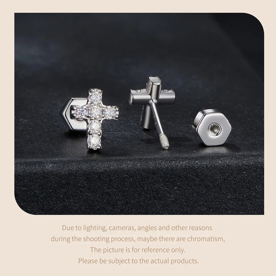 White Gold Plated Moissanite Cross Necklace & Earrings for Women, 925 Sterling Silver Small Religious Faith Xmas Jewelry