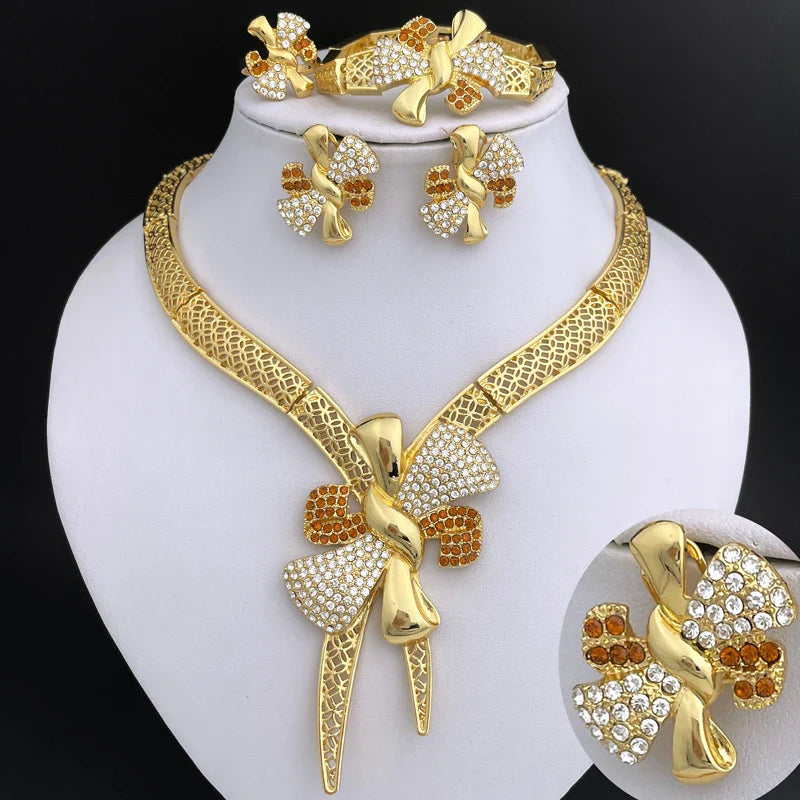 Italy 18k Gold Plated Women Jewelry Set Classic Design Bowknot Necklace Earring Bracelet And Ring 4PCS Set Jewelry Wedding Party