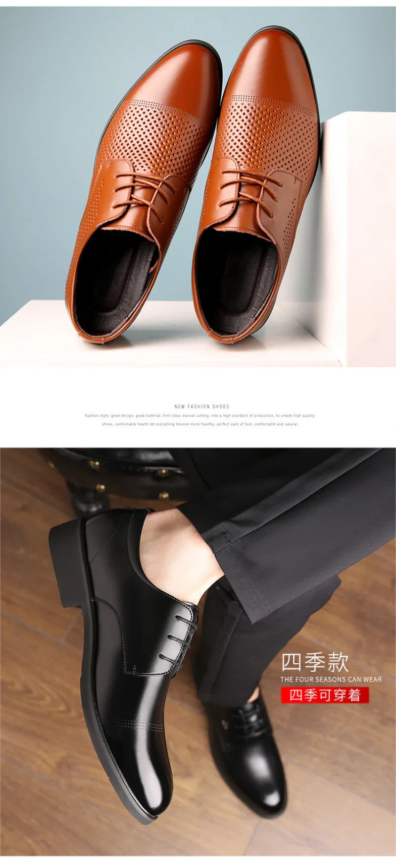 Mens Black Genuine Leather Perforated Cap Toe Lace Up Formal Business Oxford Shoes Breathable Summer Office Casual Dress Shoes