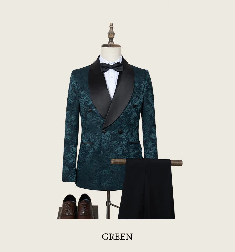 Luxury shawl collar 2-piece suit set men's party high-end business casual suit groom's wedding dress Jacquard pattern