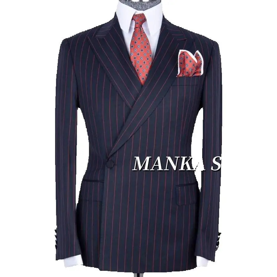 Peak Lapel Navy Blue Red Stripe Smart Casual Suits for Men Double Breasted Jacket Pants Formal Party Business Office  Man Suits