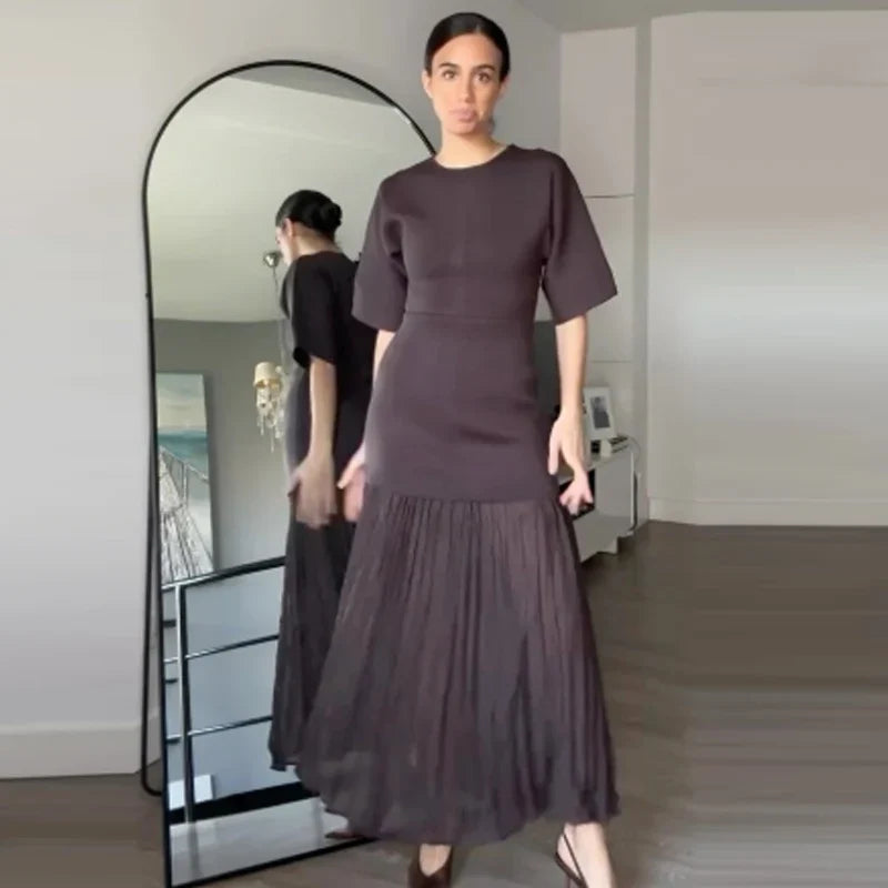 Womens Dresses Brown Pleated Dress Summer 2025 Elegant Knitted Short Sleeve Vestidos Chic Patchwork O-Neck Vacation Dresses