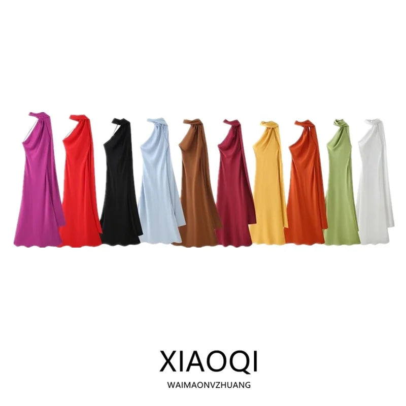 Elegant Long Silk Satin Dress Neck Hanging Pure Color Slim Fit Summer New Fashion Women's Dress City Commuting Casual Wedding