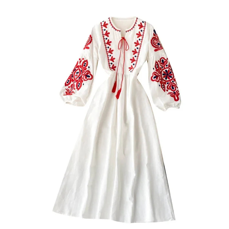 Embroidered Flower Long Sve Loose Fit Lantern Sve Gathered Slimming A-Line Dr Women's round Ne Dr