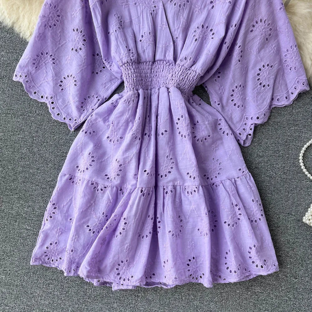 White/Purple/Blue V Neck Summer New Lace Embroidery Dress Women Short Sleeves Dresses Female Vintage Party Beach Midi Dresses
