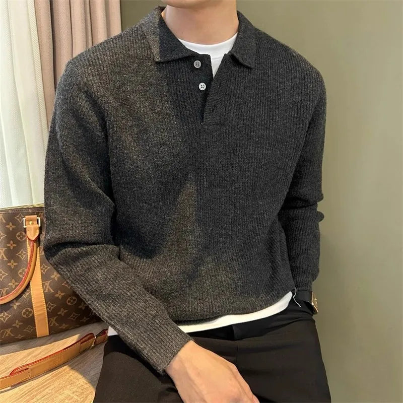 Mens Knit Sweater Autumn Winter Pullover Korean Soft Heavyweight Knit Polo Sweaters Minimalist Long Sleeve Solid Casual Top