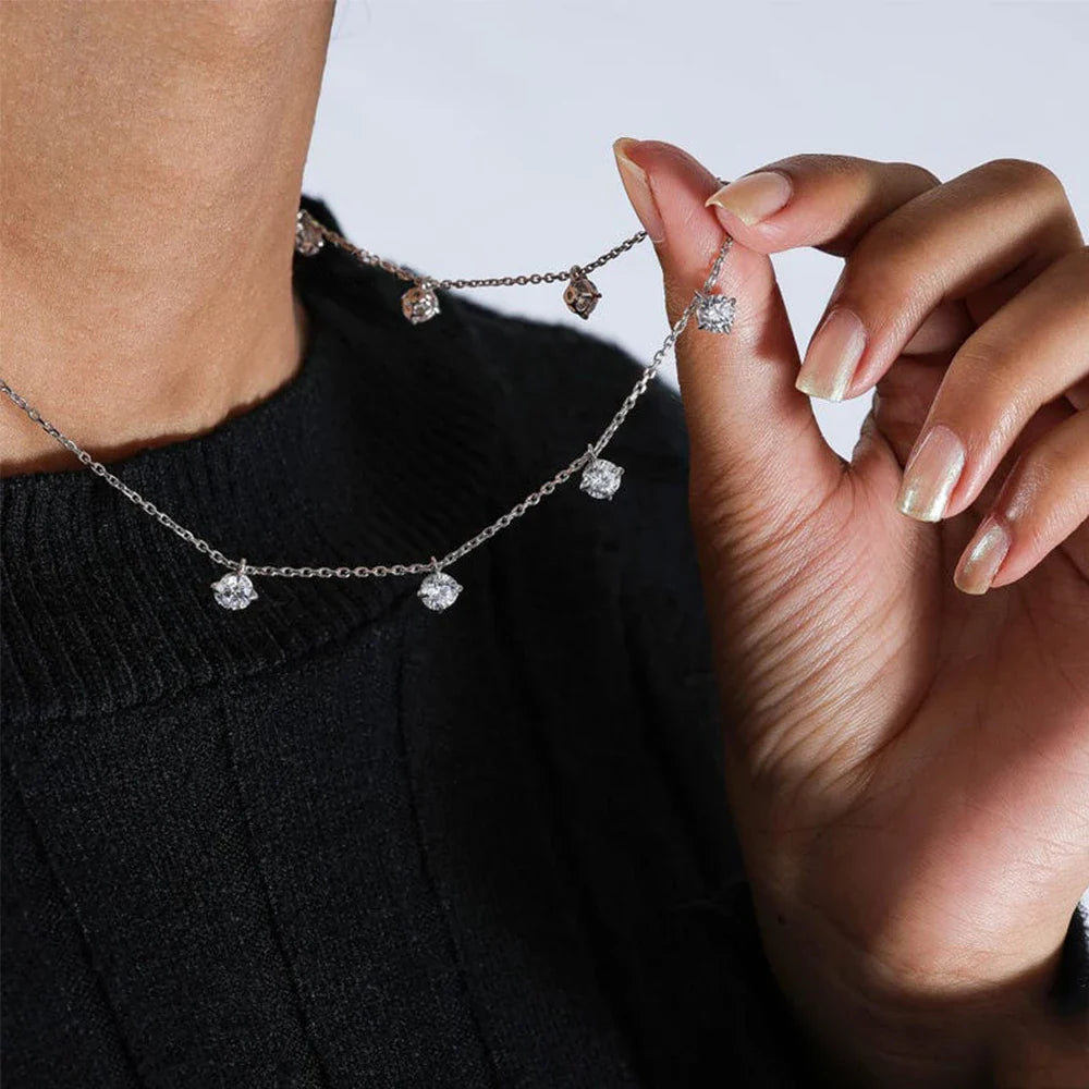 8 Stone Round Cut Real Moissanite Necklace for Women Floating Tiny Diamonds Neck Chain S925 Silver 18K Gold Plated Jewelry Gift