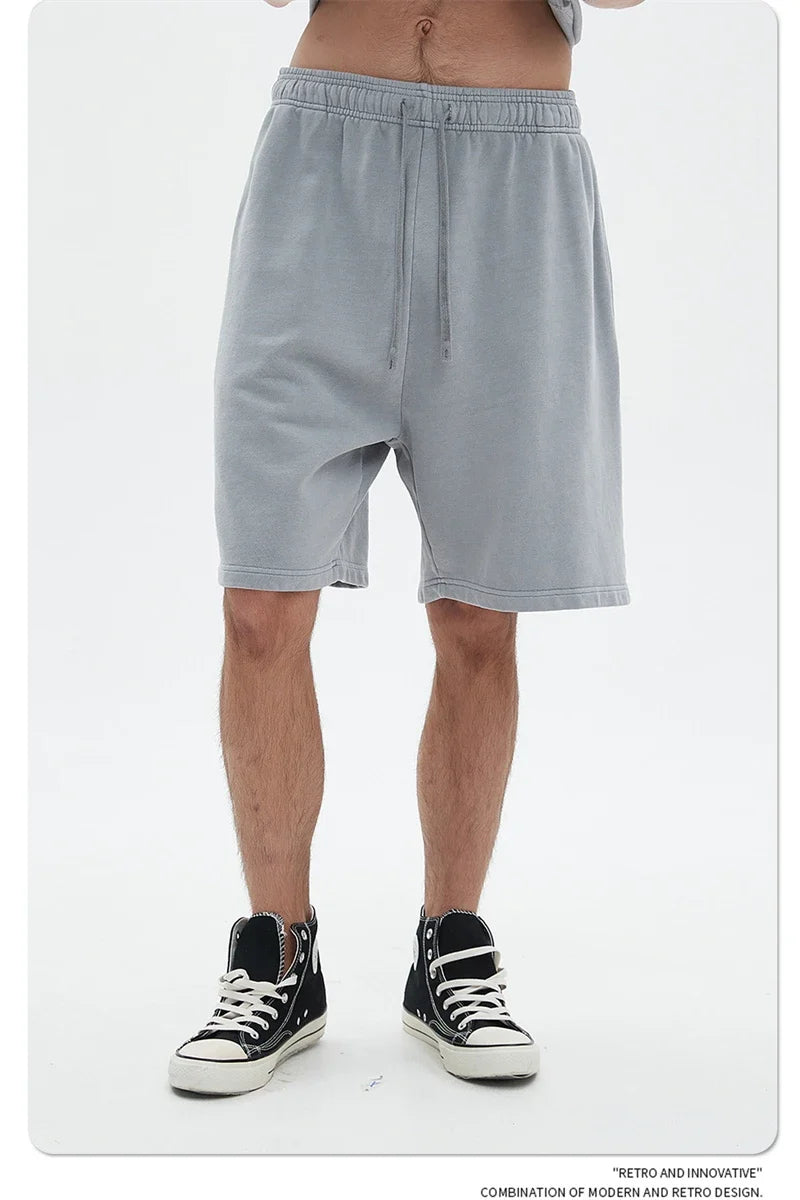 Fashion Summer Men 420gsm Washed Cotton Shorts Retro Unisex High Street Terry Knee Length Short Pants Streetwears HY0845
