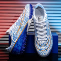 High quality, high-top football shoes, unisex style, comfortable, breathable, available in TF and FG options.  Sole spikes